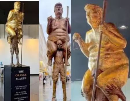 “Orange Plaque” Why Golden Statue of  Naked Trump over weak man at European Parliament ? 