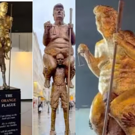 “Orange Plaque” Why Golden Statue of  Naked Trump over weak man at European Parliament ? 