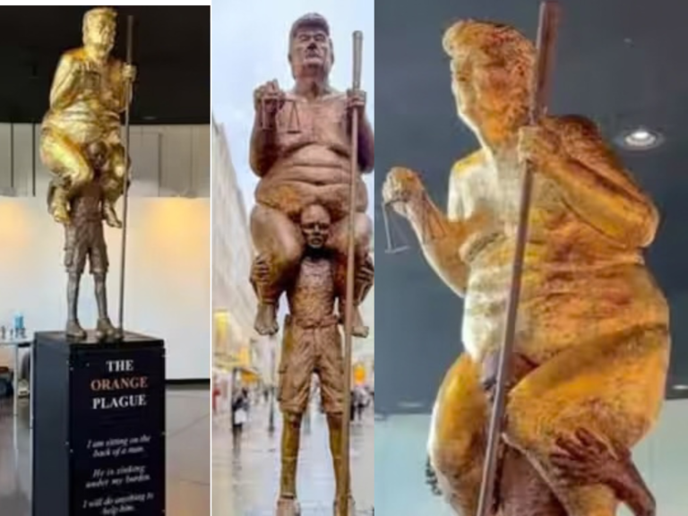 “Orange Plaque” Why Golden Statue of  Naked Trump over weak man at European Parliament ? 